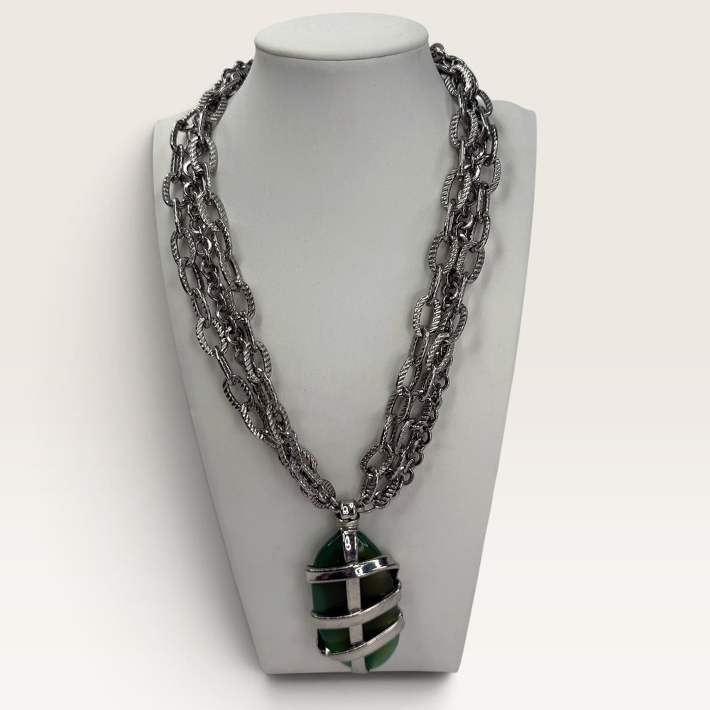 Silver Tone Multi Strand Layered Necklace Green Caged Stone Pendant Statement